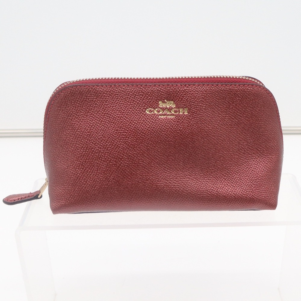 Coach Metallic Burgundy Crossgrain Leather Cosmetic Case Makeup Bag Gold Logo